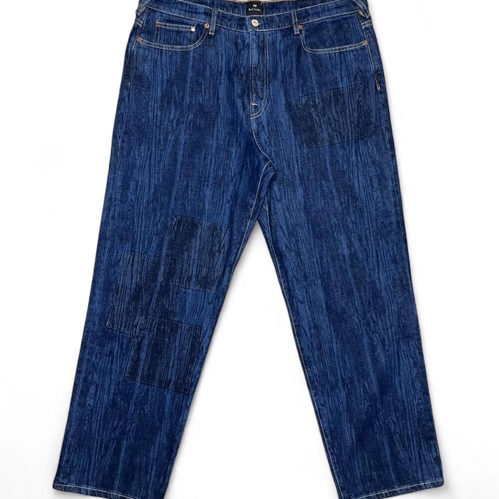 PS Paul Smith Men's Dark Blue Wood-Grain Inspired Pattern Patchwork Jeans